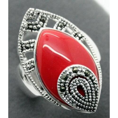 Free Shipping wholesale good 925 Sterling Silver Red Carved Lacquer With Marcasite Attractive Ring Size Nobility Fine womens j