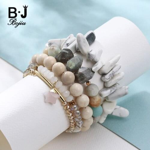 Bojiu 5PCS/SET Newest Elegant Labradorite Nugget Beads Marble chips with Rose Stone Star Pendant Bracelets Sets BCSET30