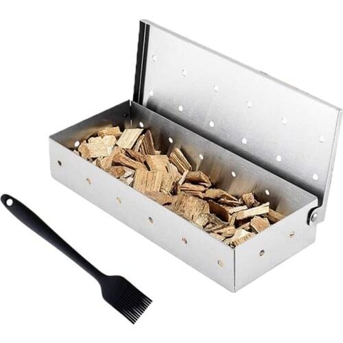 Large Smoker Box for BBQ Charcoal &Gas Grill Box with Brush Large Capacity Wood Chip Box for Smoked Flavor Meat Grilling