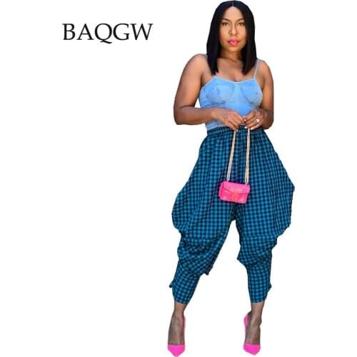 Streetwear Womens Fashion Plaid Irregular Harem Pants Loose Style Harajuku Sportswear High Waist Wide Leg Pants Casual Trousers