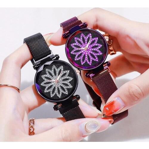 Pop Sale Women Magnet Buckle Starry Sky Flower Watch Plush Stainless Steel Quartz Watch Clock Fashionable