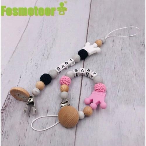 Fosmeteor Baby Toys Silicone Beads Teethers Wooden Handmade Bracelet Pacifier Chain Clips Teething Pram Stroller Baby Products