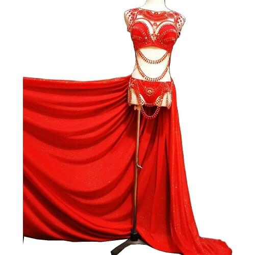 Women Red Shining Diamonds Chain Tassel Long Tailing Bra Shorts Headwear Prom Party Birthday Celebrate Outfit Lady Stage Wear