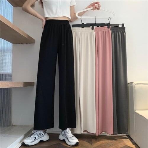 FTLZZ Summer Women Elastic Waistband Straight Pants Solid Color Loose Wide Leg Pants Comfortable Fabric Floor-length Trousers