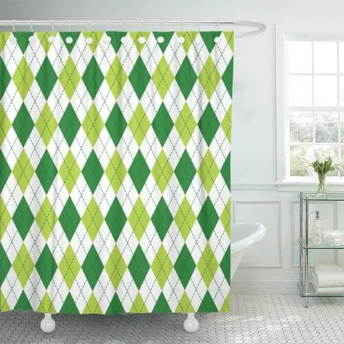 Golf Argyle Dark Green Colors Stitching Pattern Diamond Shaped Shower Curtain Waterproof Polyester Fabric 72 x 78 Inches Set