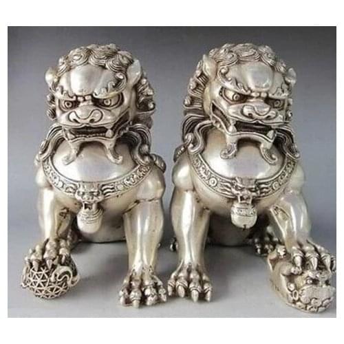 Estatua de perro YM a piar de 12x12 cm plateado China León guardián pie Fu