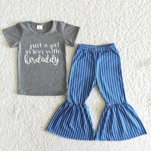 New Arrival kids Grey Top And Striped Bells 2Pieces Set Girl Short Sleeve Letters Outfit Boutique Children Summer Clothes