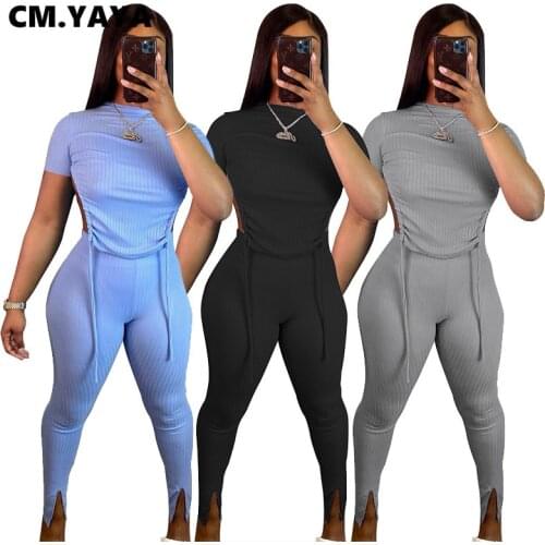 CM.YAYA Women 2 Piece Outfits Set Knit Drawstring Open Back Crop Tops and Legging Pants Matching Set Active Workout Tracksuit