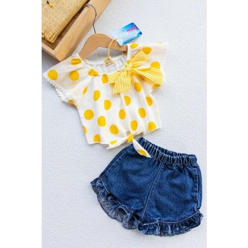 Polka Dot Patterned Bow Double Baby Girl Suit