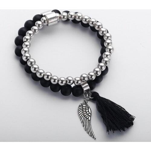 MOODPC Fashion Matt Glass Beads Bracelets With Alloy Wing & Tassle Charm Bracelet Ladies Stretch Bracelets