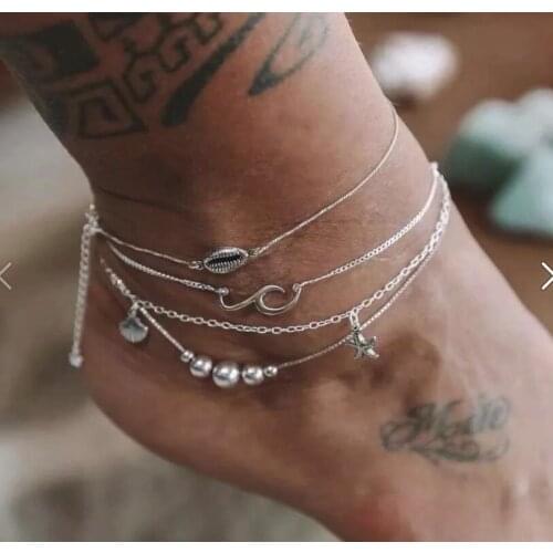 European and American style fashion anklet with boho beaded shell flower starfish pendant 4 piece anklet for fashion women gifts