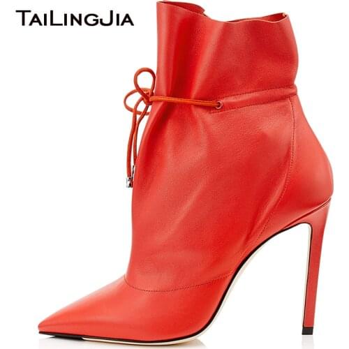 Latest Caramel High Heel Pointed Toe Booties Ankle Drawstring Women Heeled Red Ankle Boots Ladies Spring Autumn Shoes 2019