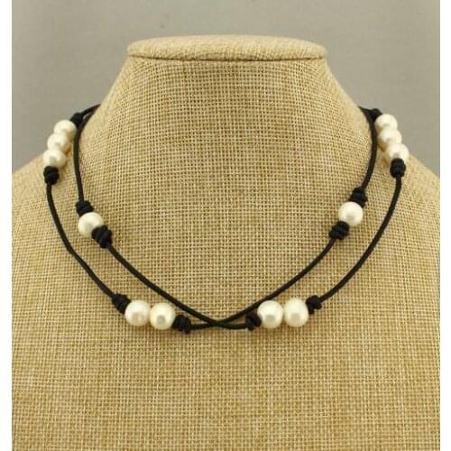 Dual Use Choker Long Beaded Freshwater Potato Pearls Necklace Black Leather Statement Necklace 10-11mm Real Pearl Jewelry