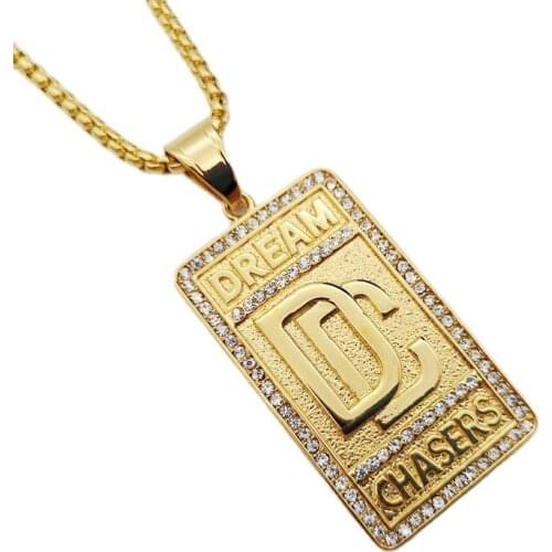 Hip Hop rock stainless steel rhinestones Dream Chaser pendant necklace mens fashion Gold color DC necklace jewelry