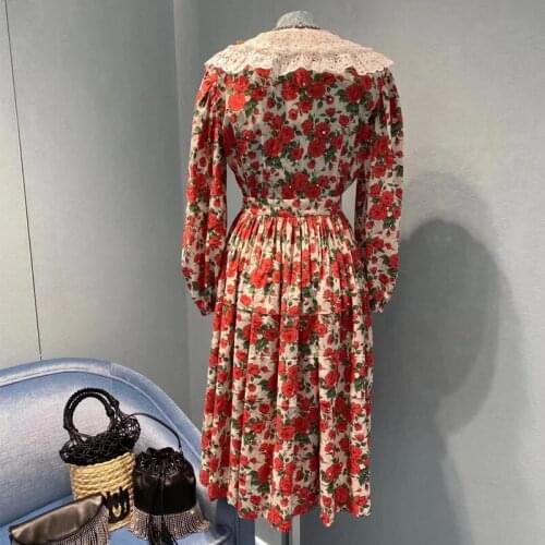 Luxury Autumn Women Runway Fashion Long Sleeve Lace Turn-Down Collar Red Flower Print Party Holiday Dress