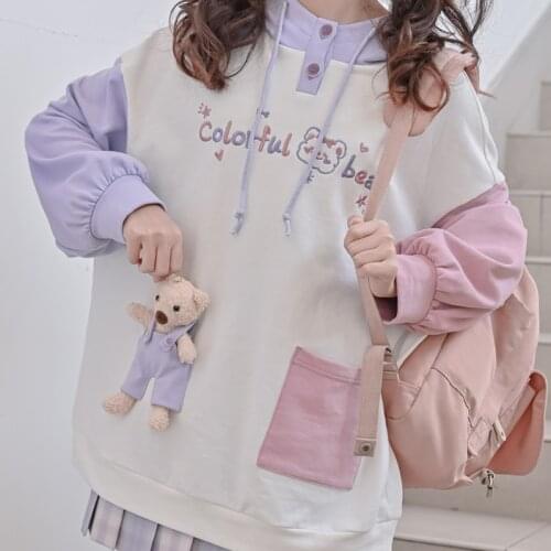 Winter Casual Korean Fashion Oversize Soft Girls Hoodies Lovely 3D Bear Patchwork Long Sleeve Loose Hooded Women Sweatshirt