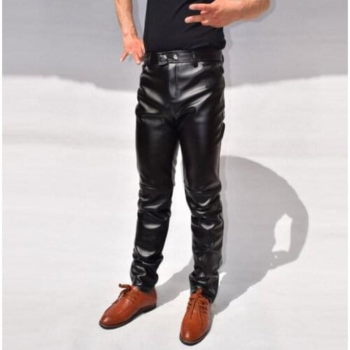 Slim straight fashion motorcycle leather pants men faux leather tight trousers pantalones hombre high quality patchwork zipper