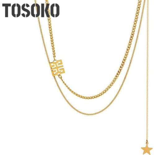 TOSOKO Stainless Steel Jewelry Super Long Tassel Pentagram Double Layer Stacked Necklace Womens Fashion Clavicle Chain BSP918