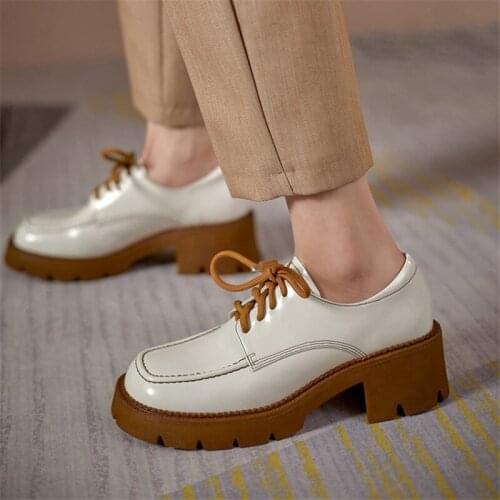 PXELENA British Women Oxfords Genuine Leather Chunky Platform Lace Up Round Toe 2021 Spring Autumn Derby Shoes Office Lady Soft