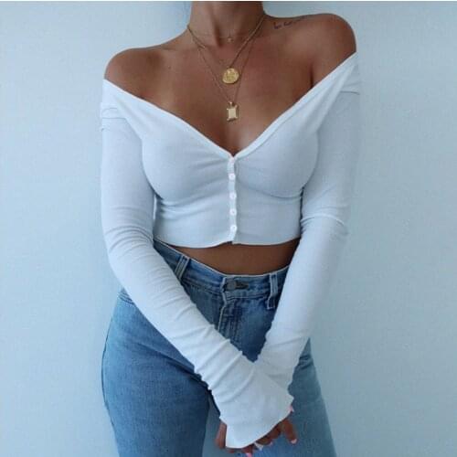 Women Sexy Deep V Neck Basic Solid Black White Long Sleeve Crop Tops Lady Casual Tshirt Sexy Off Shoulder T Shirts Summer Autumn