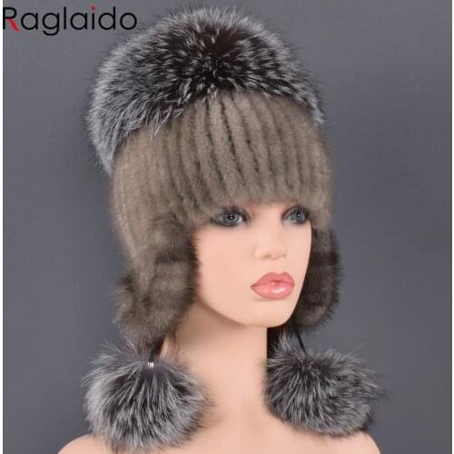 Natural fur hat for women Real mink fur and fox fur Handmade Winter Female cap Genuine Fur Lined Beanies big fox fur pompom hats