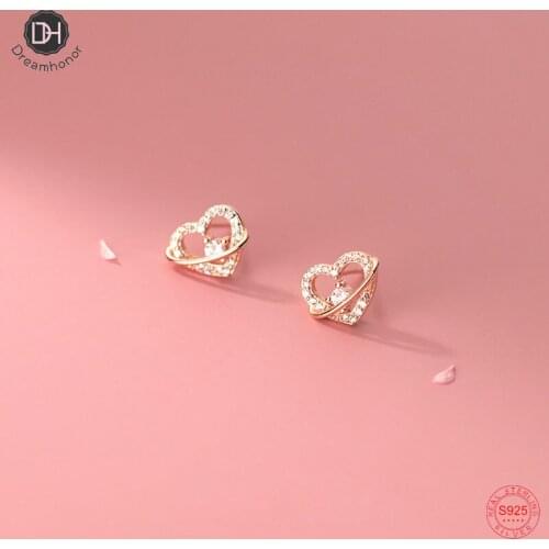 Dreamhonor Fast Shipping Rose Gold & Silver Color Hollow Heart Shape Zircon Stud Earrings For Women Ear Jewelry
