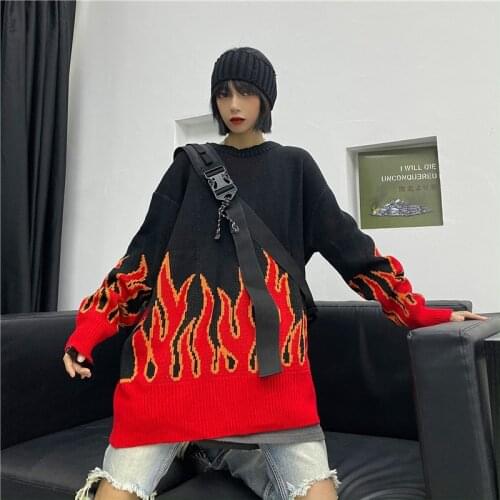 Female Fashion Long Outfit Pullovers Plus Size Loose Harajuku Women Sweater Knit Top Spring Autumn Flame Sweaters