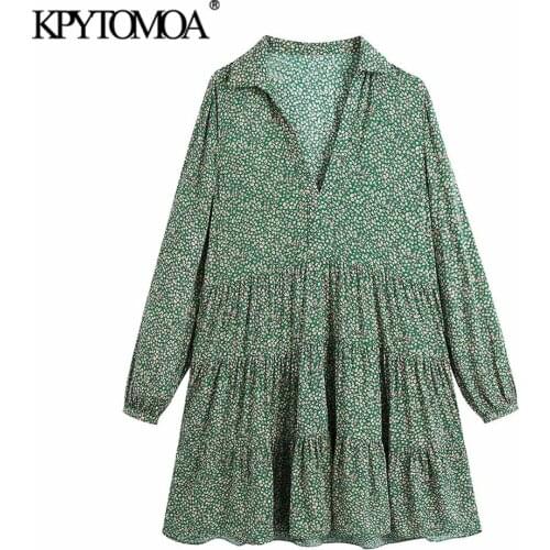KPYTOMOA Women 2021 Fashion Floral Print Ruffled Mini Dress Vintage V Neck Long Sleeve Female Dresses Vestidos Mujer