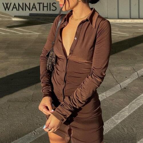 WannaThis Long Sleeve Button Women Mini Dress Turn-Down Collar Ruched Basis Bodycon Casual Streetwear E-Gril Sexy Solid Dresses