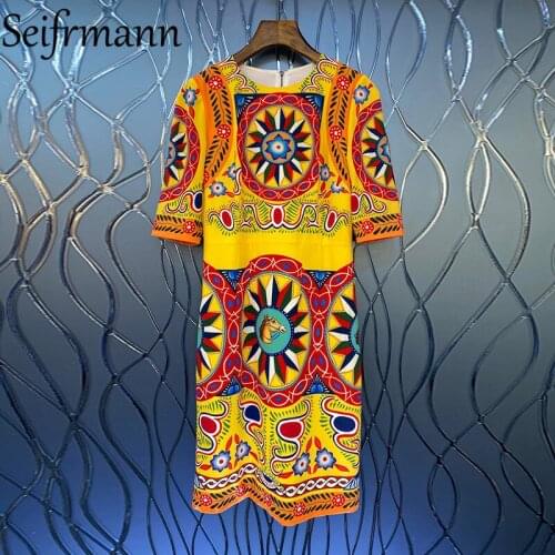 Seifrmann New 2021 Summer Women Fashion Runway Party Midi Dress Long Sleeve Vintage Print Elegant Loose Pencil Dresses Vestidos