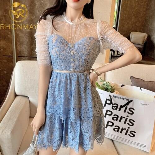 Runway Women Short Sleeve Dress 2021 Summer See Through White Mesh Spliced Blue Ruffles Lace Dress Party Dress Designer Clothes