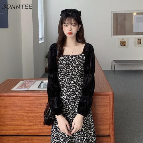 Dresses Women Long Sleeve Square Collar Mid-calf Leisure Elegant Korean Style Vintage Abdomen French Feminino Vestidos Popular