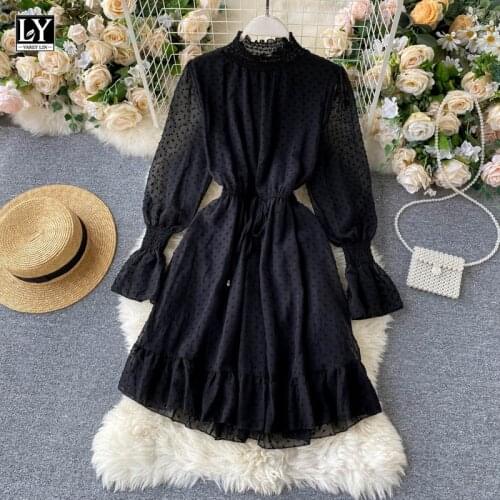 LY VAREY LIN New Autumn Women Black Polka Dot Dresses Puff Sleeve Sashes Tie Up Stand Collar High Waist Ruffled Hem Dresses