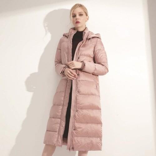 Winter fashion brand over the knee long thicker duck down coat female hooded thicker warm duck down coat for cold weather wq2370