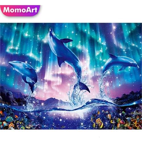 MomoArt Full Kits Diamond Mosaic Cross Stitch Animals Picture Of Rhinestones Dolphin Diamond Embroidery Nature Home Decor