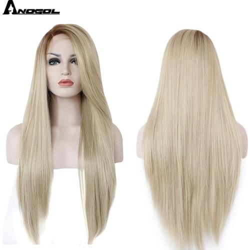 Anogol High Temperature Fiber Glueless Long Straight Ombre Brown to Blonde Synthetic Lace Front Wig for White Women