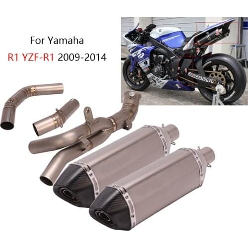 Dual-outlet for Yamaha R1 YZF-R1 2009-2014 Motorcycle 3 Mid Tube Delete Catalyst Slip On 2 51mm Exhaust Muffler Pipe Titanium