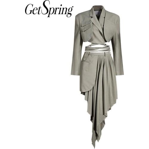 GetSpring Women Sets Fashion Skirt Set Short Bandage Women Blazer With Long Asymmetric Skirt Two Piece Set Top And Skirt 2020