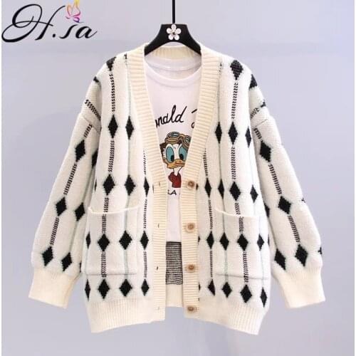 HSA Blusa De Frio Feminina 2021 Winter Long Sweater Cardigans Argyle Korean Sweater Jackets Oversized SWEATER Coat For Women