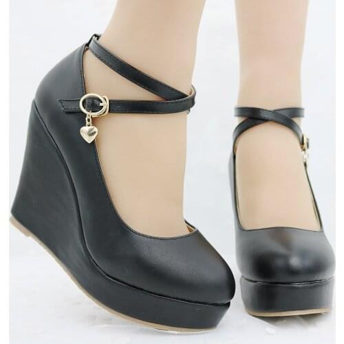 Classic Fashion Platform Shoes Genuine Leather Party Wedding Shoes Summer Ladies High Heels Women Pumps Black Wedge heel shoes