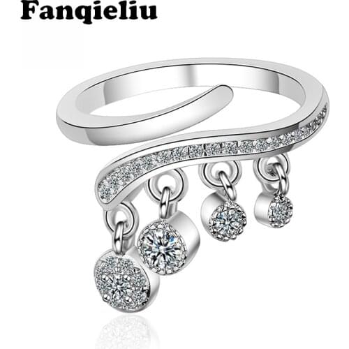 Fanqieliu 4 Zircon Tassel Charms Cuff Ring Female 925 Sterling Silver Ring For Women Crystal Wedding Bands FQL20260