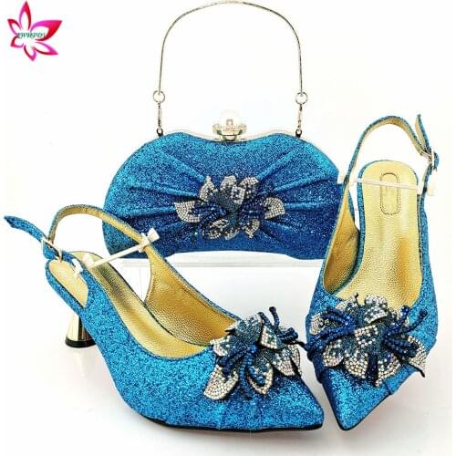 New Design Shoes and Bags To Match Set Italian Women Decorate with Rhinestone Comfortable Heels Sandals for Wedding