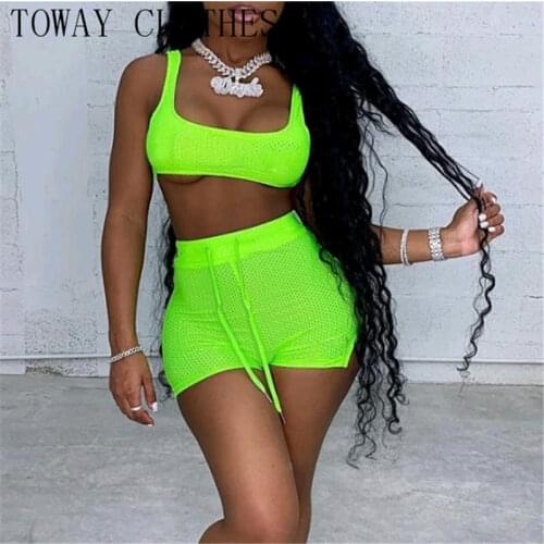 Summer Women Solid Fishnet Crop Tank Top & Tied Detail Slit Shorts Set