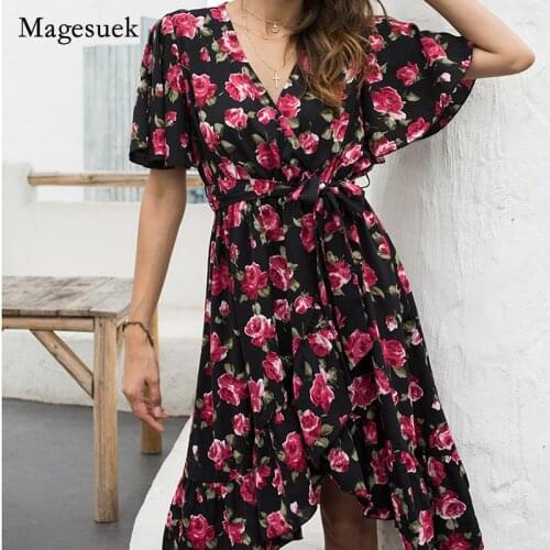 Fashion Women Summer 2021 Chiffon Dress V-neck Floral Print Midi Dress for Women Sexy Elegant High Waist Dress Vestidos 15078