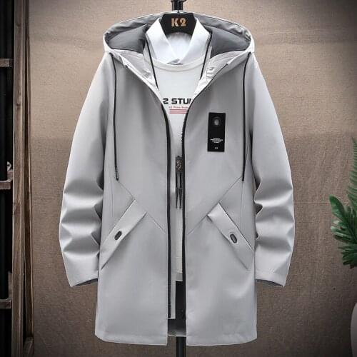 Mens Long Jacket Men 2021 New Spring Casual Hoodie windbreaker Jackets Grey Coat Solid Color Street Straight Jacket For Men