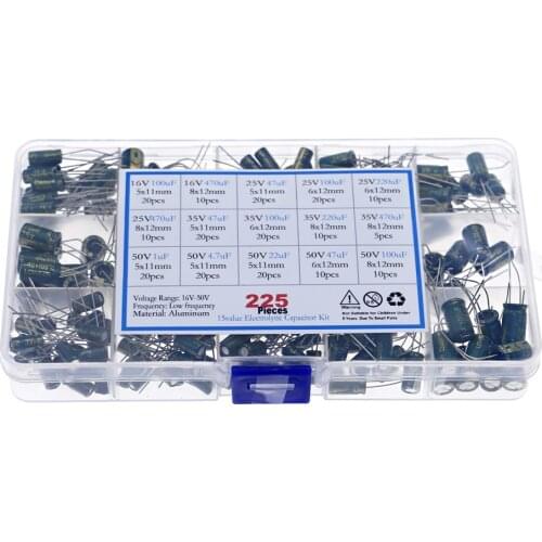 225Pcs/Box Capacitor Kit Aluminum Electrolytic Capacitors Set 15Values 16V-50V 1uF-470uF Assorted Kit Storage Low ESR