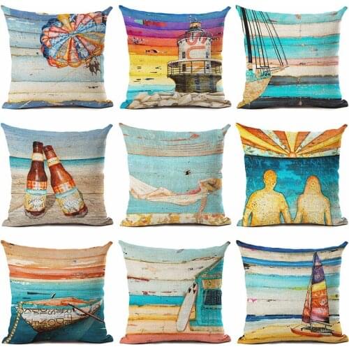 Nordic Style Sea Beach Printing Home Decoration Cushion Cover Cotton Linen Throw Pillowcase Square Printed Pillow Cover Cojines