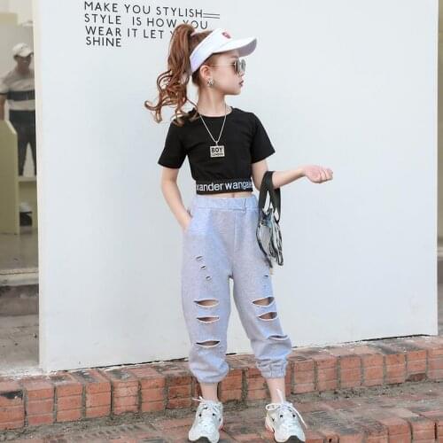 Girls Clothes Letter Patchwork Girl Clothes 2021 Summer Girl Outfit T-shirt + Hole Pants Childrens Costume 6 8 10 12 14