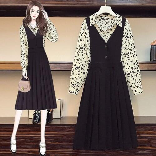 Autumn Suit Sling Dress Female Plus Size New Fashion Casual Long Sleeve Shirt Mid-length Black Sling Dress Two Piece Suit e341