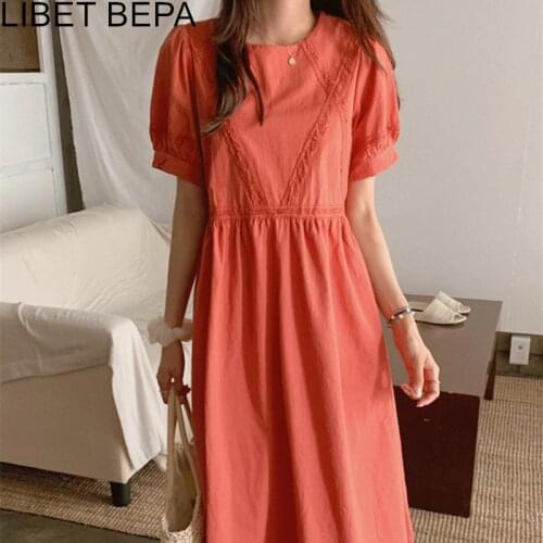 2021 New Womens Summer Dress Puff Sleeve High Waist Vintage Patchwork Lace Korean Style Oversize Yellow Lady Long Dress DR2180